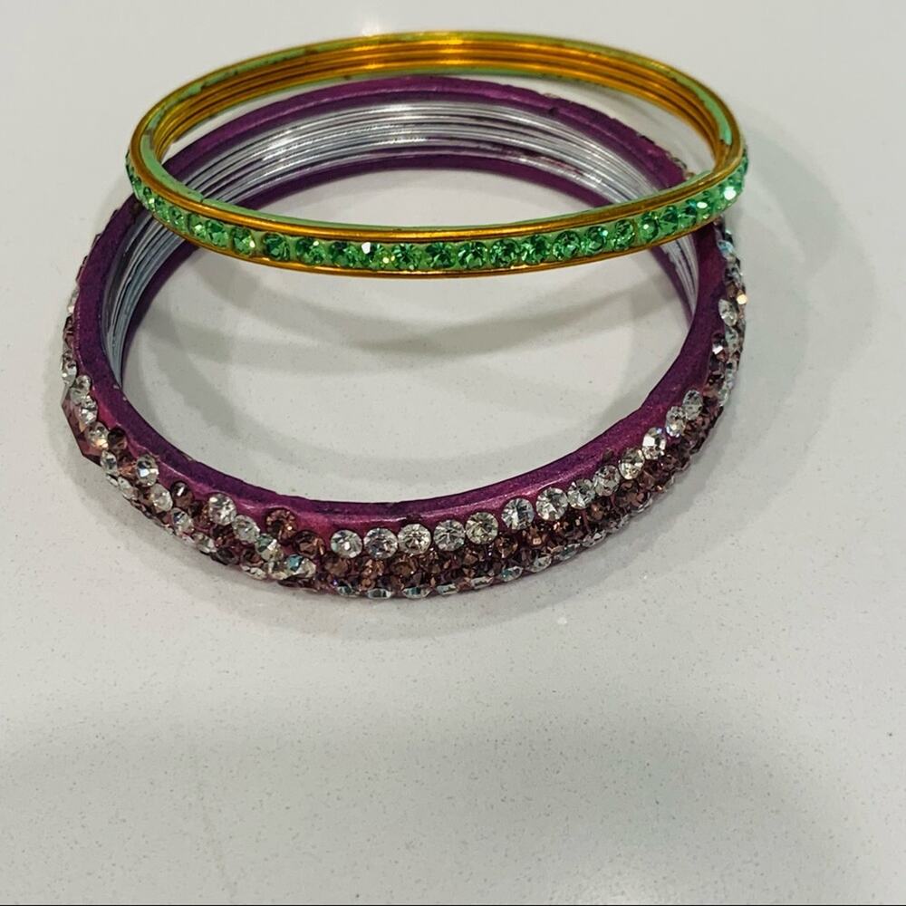 Rhinestone Bangles Gold Lime Green adn Purple Clear 2.75" diameter